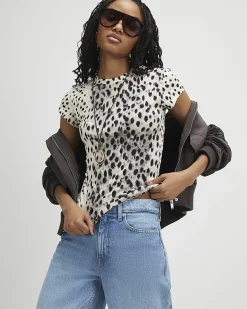 Cream Cotton Cap Sleeve Animal Print T-Shirt