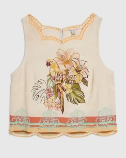 Cream Cotton Cutwork Print Shell Top