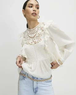 Cream Cotton Cutwork Ruffle Blouse