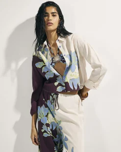 Cream Cotton Floral Cropped Beach Shirt