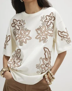 Cream Cotton Floral Embroidered T-Shirt