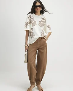 Cream Cotton Floral Embroidered T-Shirt