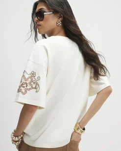 Cream Cotton Floral Embroidered T-Shirt
