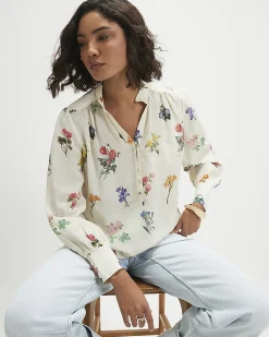 Cream Cotton Floral Long Sleeve Blouse