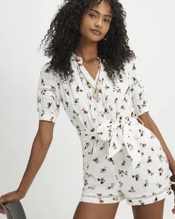 Cream Cotton Floral Textured Playsuit