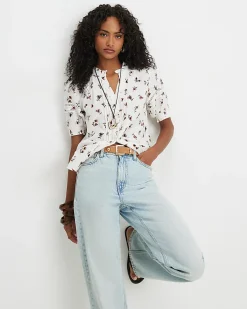 Cream Cotton Floral Textured Pintuck Blouse