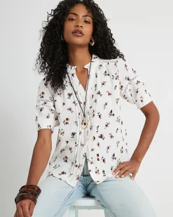 Cream Cotton Floral Textured Pintuck Blouse