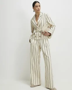 Cream Cotton Long Sleeve Striped Blazer