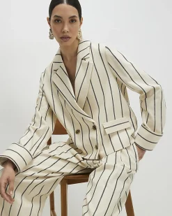 Cream Cotton Long Sleeve Striped Blazer