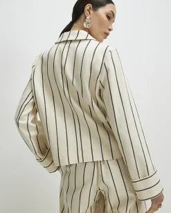 Cream Cotton Long Sleeve Striped Blazer