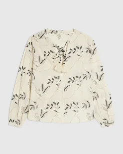 Cream Cotton Long Sleeve Embroidered Blouse