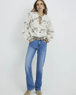 Cream Cotton Long Sleeve Embroidered Blouse