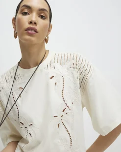 Cream Cotton Palm Broderie T-shirt