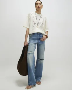 Cream Cotton Palm Broderie T-shirt