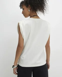 Cream Cotton Premium Ruched Shoulder T-shirt