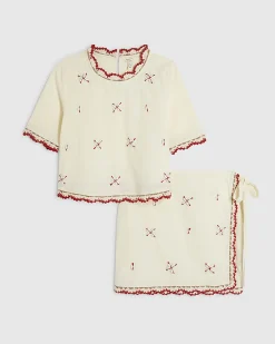 Cream Cotton Shell Flower Top and Skirt Set