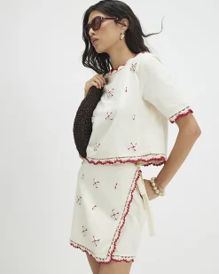 Cream Cotton Shell Flower Top and Skirt Set