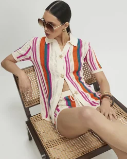 Cream Cotton Striped Crochet Shirt