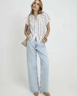 Cream Cotton Striped Frill Blouse