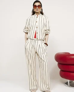 Cream Cotton Striped Wide Leg Trousers