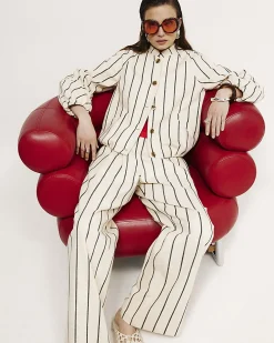 Cream Cotton Striped Wide Leg Trousers