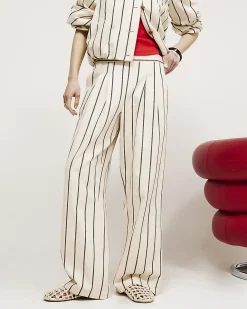 Cream Cotton Striped Wide Leg Trousers