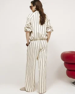 Cream Cotton Striped Wide Leg Trousers