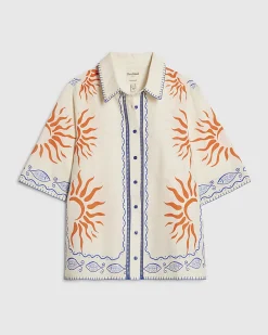 Cream Cotton Sun Embroidered Border Shirt