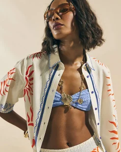 Cream Cotton Sun Embroidered Border Shirt