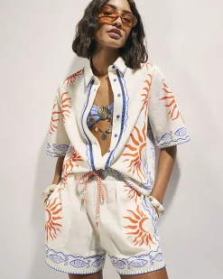 Cream Cotton Sun Embroidered Border Shirt