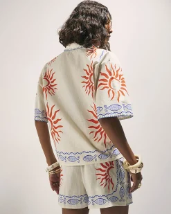 Cream Cotton Sun Embroidered Border Shirt