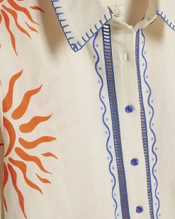 Cream Cotton Sun Embroidered Border Shirt