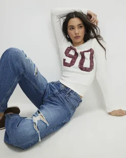 Cream Cotton Washed Number Fitted Top