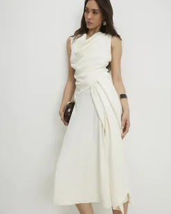 Cream Cowl Neck Asymmetric Midi dress