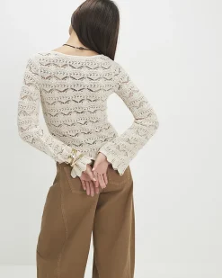Cream Crochet Knit Boat Neck Jumper