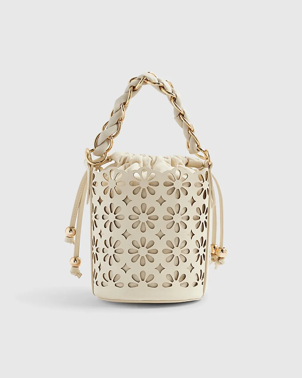 Cream 3D Floral Laser Cut Bucket Bag