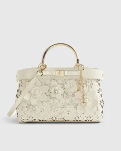 Cream 3D Floral Laser Cut Tote Bag