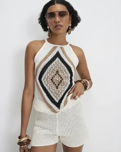 Cream Diamond Halter Neck Knit Top