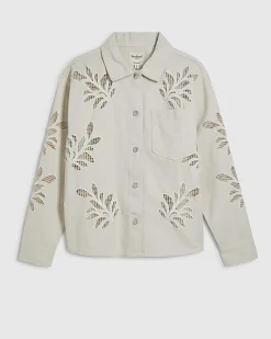 Cream Embroidered Boxy Denim Shirt
