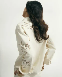 Cream Embroidered Boxy Denim Shirt