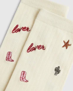 Cream Embroidered Rodeo Socks