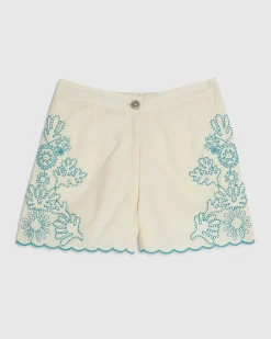 Cream Embroidered Scallop Edge Shorts