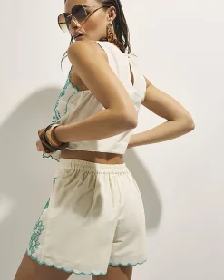 Cream Embroidered Scallop Edge Shorts