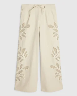 Cream Embroidered Wide Leg Jeans