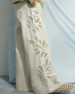 Cream Embroidered Wide Leg Jeans