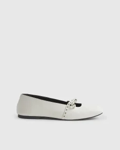 Cream Eyelet Bow Square Toe Ballet Pumps