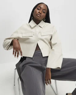 Cream Faux Leather Cropped Overshirt