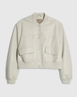 Cream Faux Leather Cropped Bomber Jacket