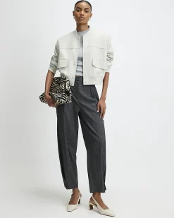 Cream Faux Leather Cropped Bomber Jacket