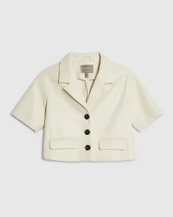 Cream Faux Leather Short Sleeve Shirt
